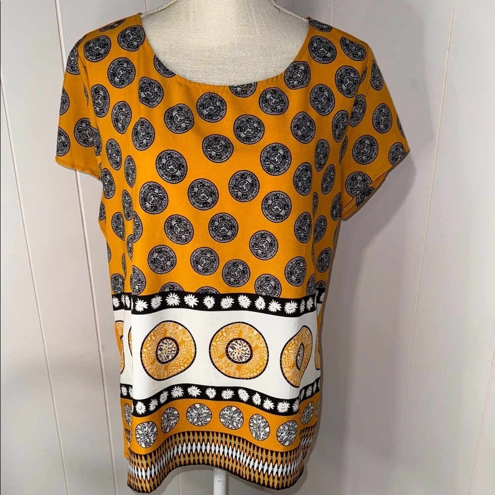 Ann Taylor Factory Mustard and Black Patterned Blouse
